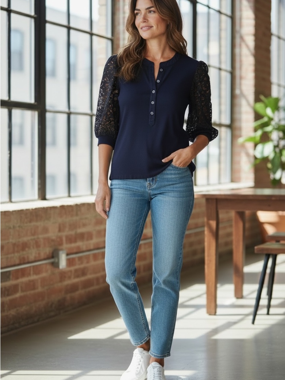 Ellie Tahari Navy Lace Puff Sleeve Blouse with Ribbed Bodice